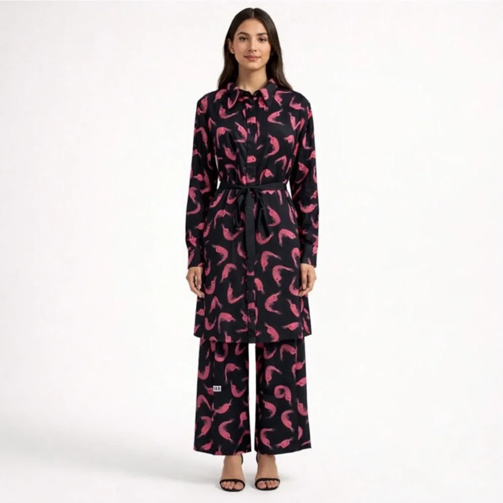 ModCloth “Prawns Til Dawn” Satin Shirt Dress & Pants Set Size Large NEW